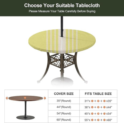 Outdoor Fitted Tablecloth with Umbrella Hole and Zipper, Yellow Beige Striped Elastic Round Patio Table Cover, Farmhouse Retro Lines Modern Windproof Table Protector for Backyard BBQ Party 45''-54''