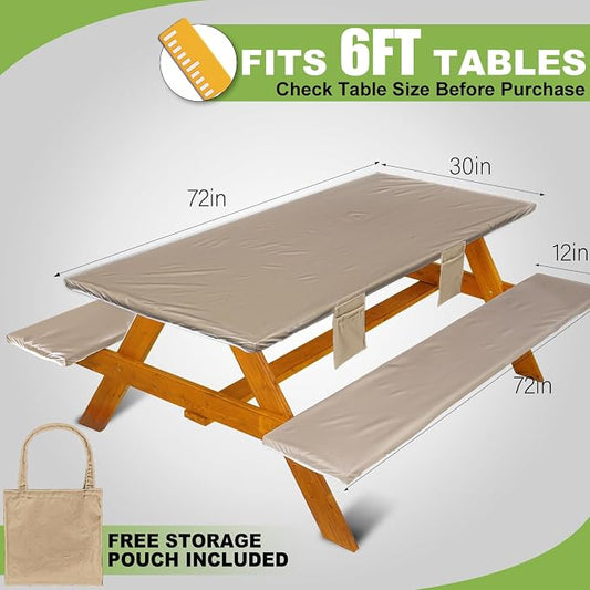 Wrakus Picnic Table Cover with Bench Covers Vinyl Elastic Edges Fitted Rectangle Seat Tables Waterproof 3-Piece72X30in Set Outdoor Rectangular Folding Backing Tablecloth for Camping Over Size
