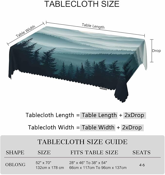 Mountain Forest Decorative Table Cover for Kitchen, Foggy Mountain Pine Woodland Oblong Tablecloth Dining Table Cloth Tabletop Tablecloths for BBQ Picnic Coffee 52"X70", 4-6 Seats