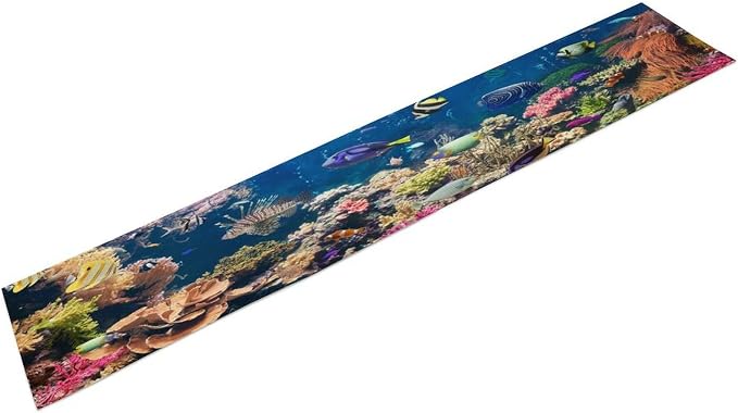 Blue Underwater World Table Runner, Summer Ocean Fish Under The Sea Tropical Turtle Shark Pattern Dinner Runner for Home Kitchen Dining Table Decor Fabric 1 Panel 13x70in