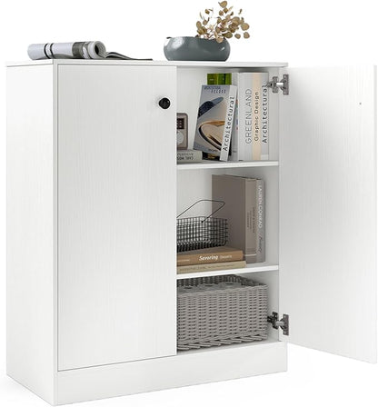 Giantex 2 Door Storage Base Cabinet (White) | 3-Tier Base Cabinet with Non-Slip Foot Pads, Kitchen Cupboard Storage Organizer for Living Room, Hallway, Entryway, Office