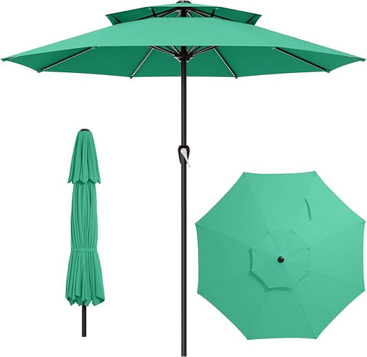 AreShark 12ft 2 Tiers Patio Umbrella - Outdoor Umbrella Waterproof UV Protection, Market Table Umbrella w/ 8 Sturdy Ribs&Crank for Pool, Porch, Garden(Turquoise)
