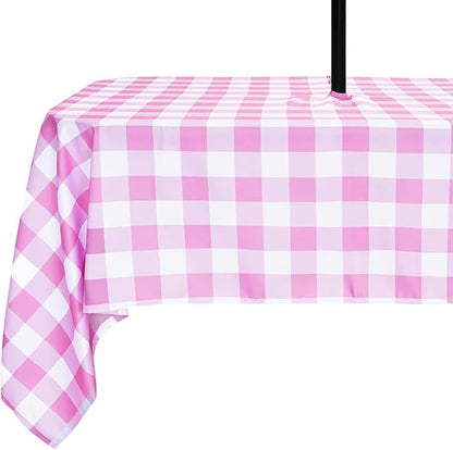 Poise3EHome Rectangle Outdoor Tablecloth with Umbrella Hole and Zipper,Pink and White Gingham 84x60 Inch,SpillProof Washable Table Cloth for Spring Summer Patio Garden Poolside Picnic Camping BBQS