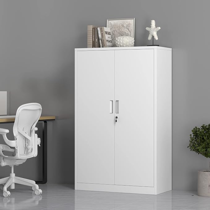 Metal Storage Cabinet with Locking Doors and 3 Adjustable Shelves, 53.5-Inch Tall Lockable Steel Storage Cabinets for Home Office Garage Pantry (White)