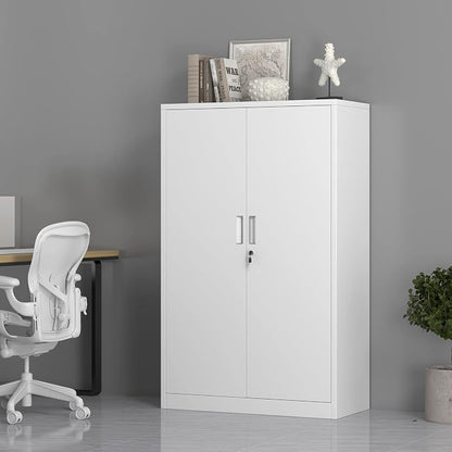 Metal Storage Cabinet with Locking Doors and 3 Adjustable Shelves, 53.5-Inch Tall Lockable Steel Storage Cabinets for Home Office Garage Pantry (White)