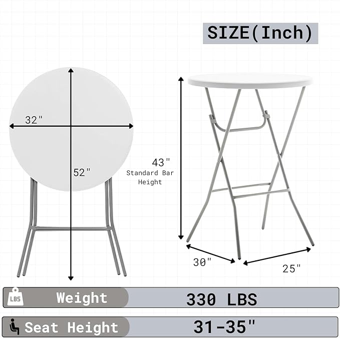 BTEXPERT White 2.63 Foot 32in Round Plastic Bar Height Folding Cocktail Table 330lb Weight Capacity Commercial Portable Banquet Dining Wedding Party Standing Event Indoor Outdoor Thick Top Set of 10