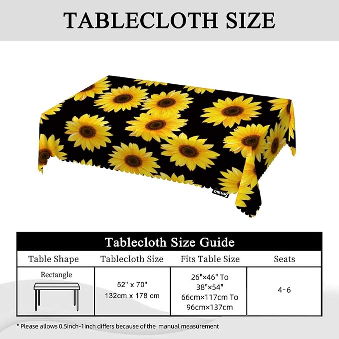 Swono 52x70 Inch Sunflowers Tablecloth Yellow Black Floral Blossom Sunflower Farmhouse Dining Table Cloth Anti-Stain Talking Table Cover for Kitchen Dinning Room Coffee Store