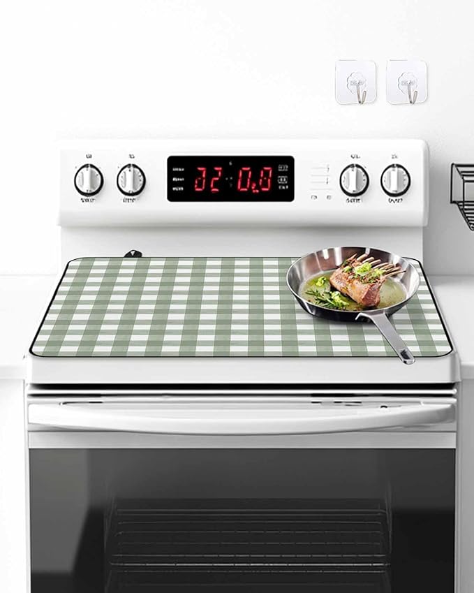 Stove Top Covers for Electric Stove 36x21 Inches, Sage Green Buffalo Plaid HeatResistant Glass Cooktop Protector, Country Green White Checker Modern Ceramic Stovetop Countertop Covers Mat, Oven Cover