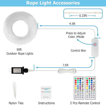 50ft LED Rope Lights for Outside, 25 Colors IP68 Waterproof, Dimmable Warm White RGB Outdoor String Lights, Red White Blue for Memorial Day Patriotic Decorations, Fairy Lights for Indoor Bedroom