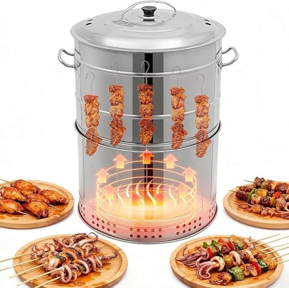 DYRABREST Stainless Steel Charcoal Grill Large Portable BBQ Grill Barrel with Skewers, Oil Separation Design, Smokeless Charcoal Grill for Outdoor Camping, Parties, Backyard BBQs, and Travel (Large)