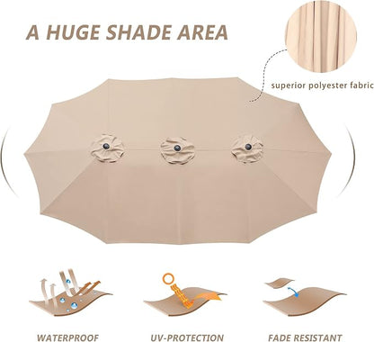 15ft Patio Umbrella with Base, 10-Year-No-Fade Large Outdoor Double-Sided Market Umbrella with UPF50+Terylene Polyester Fabric and Crank for Poolside Garden Deck Backyard Beach Pools