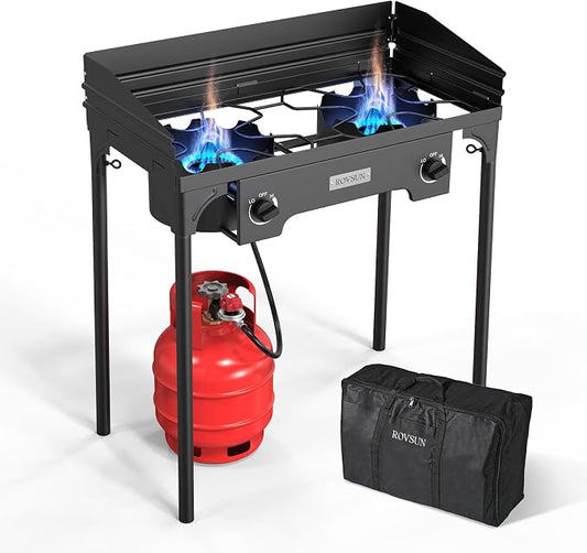 ROVSUN 2 Burner Outdoor Propane Gas Stove with Regulator, Windpanel & Carrying Bag, 150,000 BTU Powerful Stand Cooker for Backyard Cooking Camping Home Brewing Canning Turkey Frying