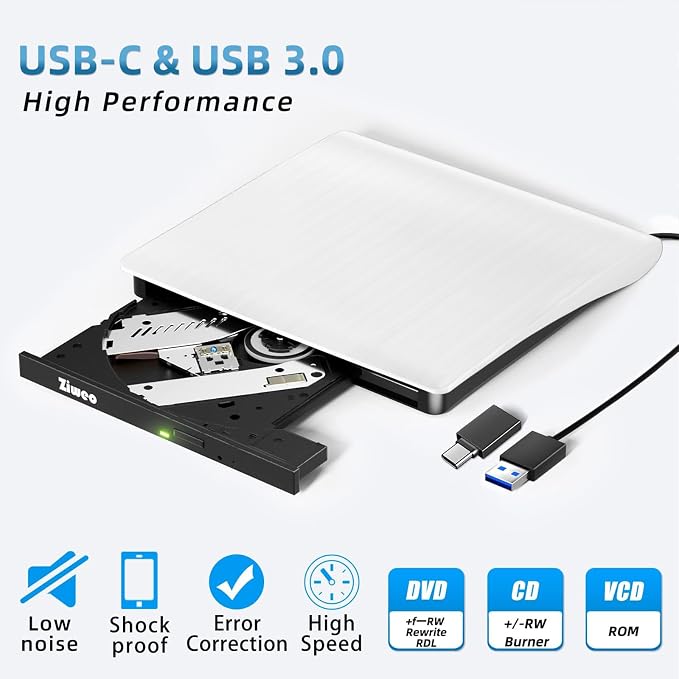 Ziweo External DVD Drive USB 3.0 Type-C Portable CD DVD +/-RW Drive for Laptop DVD Player CD ROM Rewriter Burner Compatible with Laptop Desktop PC Windows MacBook Mac Linux Mac OS Upgrade White