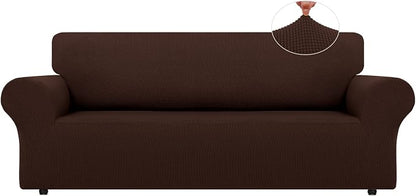 LURKA Stretch Couch Cover for Sofa, 1 Piece 3 Cushion Slipcover, Chocolate | Soft Stretch Jacquard, Fits 78"-94" Sofas, Elastic Bottom for Secure Fit, Machine Washable, Pet & Kid Friendly