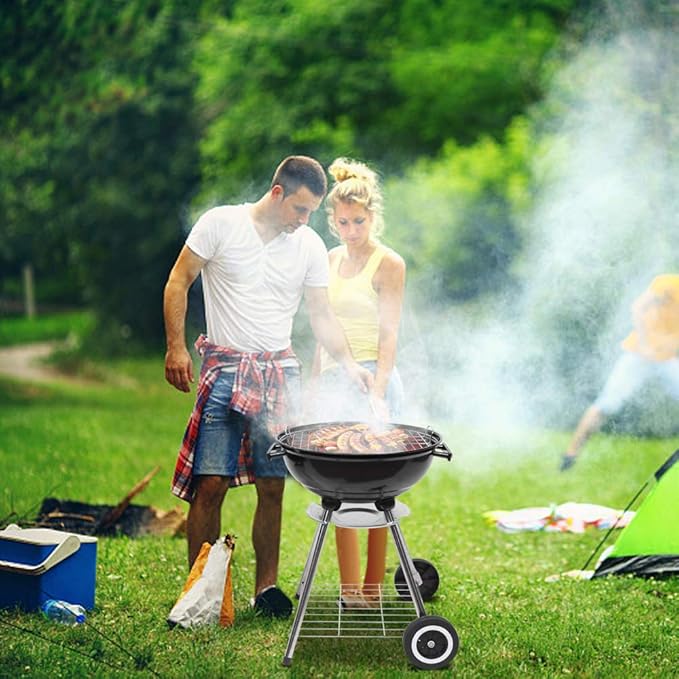 Portable BBQ Charcoal Grill, 18'' Outdoor Charcoal Grilling Oven with Wheel, Traditional Camping Cooking Barbecue Grill