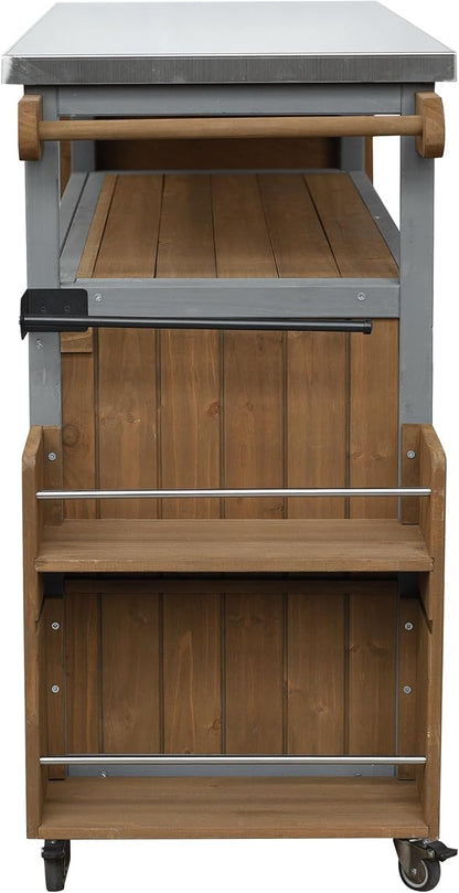 Outdoor Fir Wood Kitchen Island with Foldable Stainless Steel Top, Patio Mobile Kitchen Cart Portable Outdoor Cooking Island with Lockable Wheels, Storage Cabinet and Towel Rack (Espresso+Grey/124)