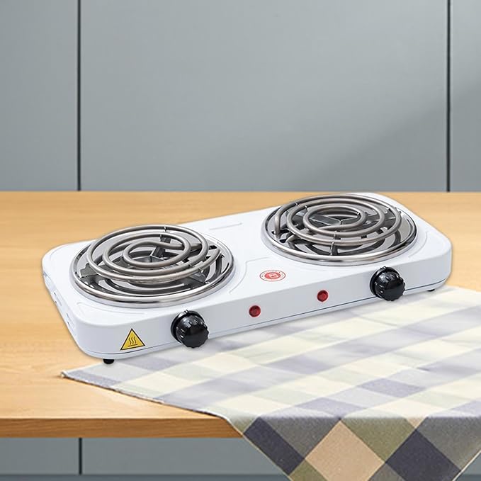 Countertop Double Burner Adjustable Temperature Kitchen Small Appliance Professional 2000W for Braising Scrambling Steaming, Heating Tube
