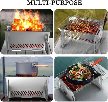 Mini Portable Charcoal Grills, Small Stainless Steel Camping BBQ Grill Detachable Design Fire Pit Grill with Carry Bag for Outdoor Cooking, Bonfire, Patio, Backyard