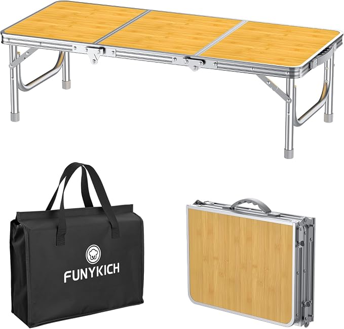 FUNYKICH 3ft Low Folding Camping Table with Carry Bag, 34.2'' Lx15.7'' W Portable Picnic Tables, Lightweight Thicker Aluminum Beach Table with Carry Handle for Beach, Camping, Picnic, Yellow