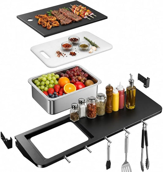 QuliMetal Folding Front Shelf for Traeger Pro 34, Texas Elite 34, Century 885 and Eastwood 34, 37" x 12" Heavy-Duty Grill Prep Table with Cutting Board, Stainless Steel Basin, Lid and 5 Hooks