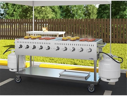 Pemberly Row 72" Commercial Mobile Outdoor Propane Gas Grill, Stainless Steel, Silver Finish, 16,000 BTU Burners, Rolling Caster Wheels, Heavy Duty Design for Restaurant or Home Outdoor Cooking