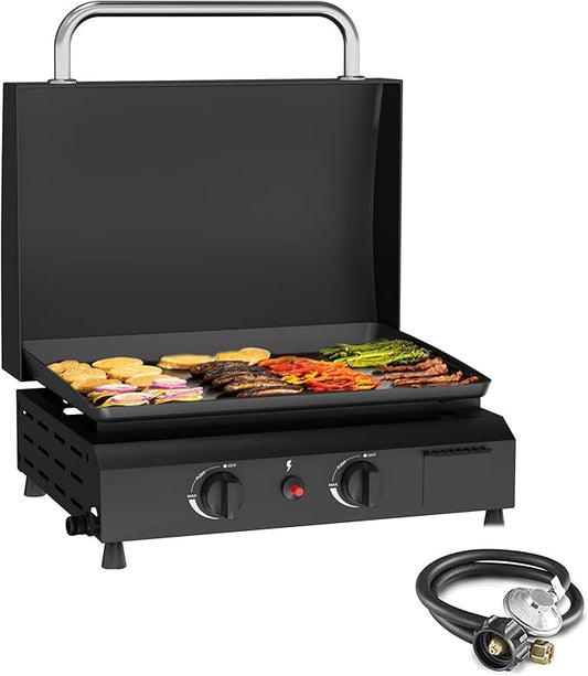 SKOK 2 Burner Gas Griddle with Hood- 17 Inch Outdoor Propane Griddle-30000 BTU Propane Fuelled, Portable Flat Top Gas Grill Camping Griddle with Lid for Kitchen, Outdoor BBQ