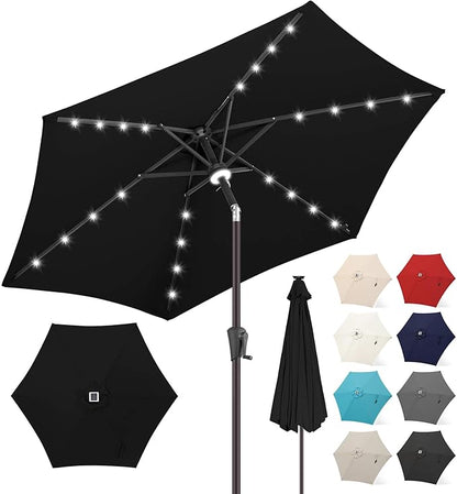 FLAME&SHADE 10ft Solar Outdoor Umbrella - 24 LED Lighted Patio Umbrella with Centre Surround Light, Table Umbrellas with Tilt & Crank for Pool, Porch, Garden, Deck, Backyard UV Protection (Black)
