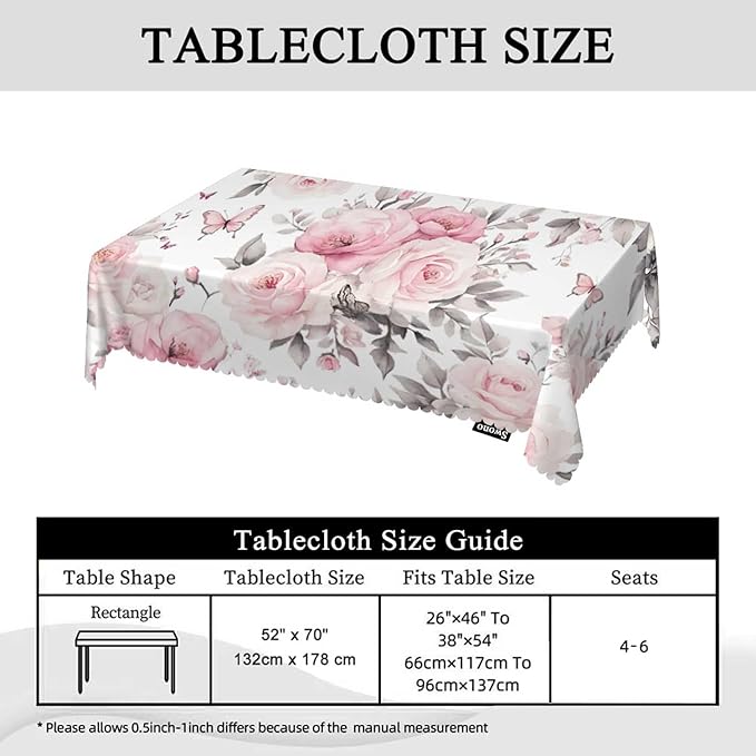 Swono Rectangle Tablecloth Rose Table Cover 52x70 Inch Watercolor Pink Flowers Roses and Leaves Heavy Duty Table Cloth for Rectangle Tables Decorative Tablecloth for Dining Party Camping BBQ