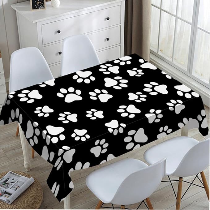 TKS MITLAN Dog Paw Tablecloth 60x84 Inch Rectangular Black White Cat Footprint Dog Paw Prints Oblong Table Cloth Kitchen Table Decorations for Home Dinner Party