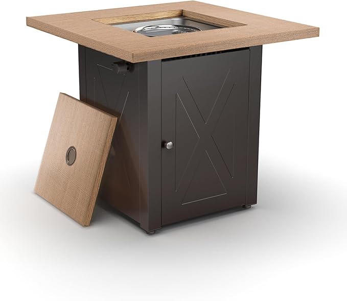 Outdoor Fire Tables, 50,000 BTU Patio Fire Pit Table Prop ane Fireplace for Backyard, Deck, Multi-Use Square Gas Fire Pit with Lid & Lava Rock, Table Top Firepit, Wood Table and Mocha Base