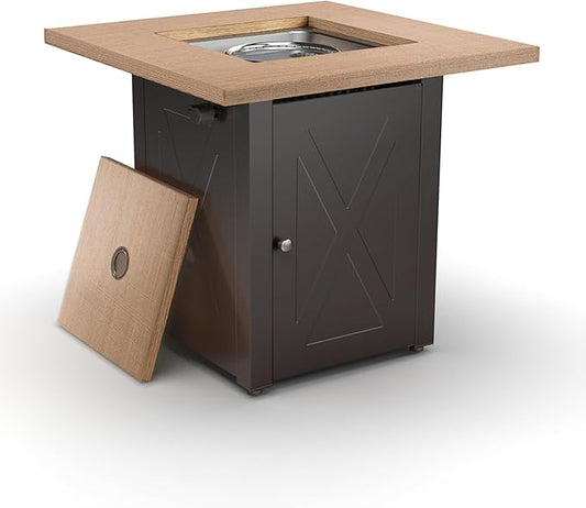 Outdoor Fire Tables, 50,000 BTU Patio Fire Pit Table Prop ane Fireplace for Backyard, Deck, Multi-Use Square Gas Fire Pit with Lid & Lava Rock, Table Top Firepit, Wood Table and Mocha Base
