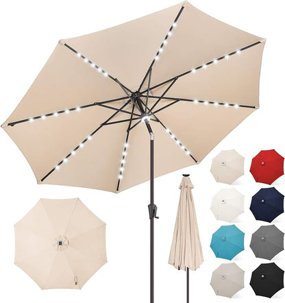 FLAME&SHADE Solar Patio Umbrella with Centre Light, 10 FT Beige | UV Protection, Small Solar Outdoor Umbrella for Porch, Deck, Backyard, Garden, Provides Evening Lighting, 40 LED Lights