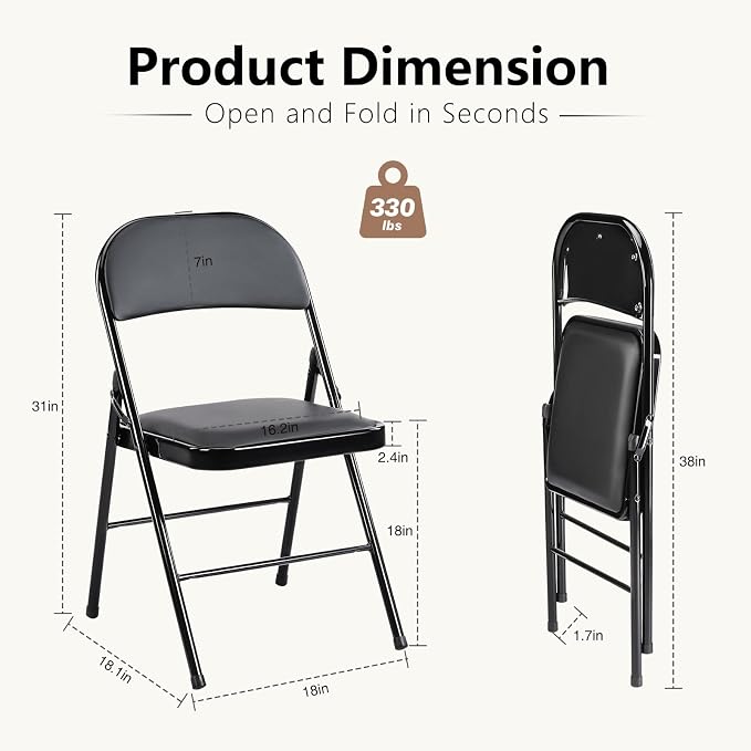 DUMOS 4 Pack Leather Padded Folding Chair, Portable & Stackable Foldable Chairs Sets with Steel Frame, for Indoor Outdoor Events, Home, Office, Party, Black