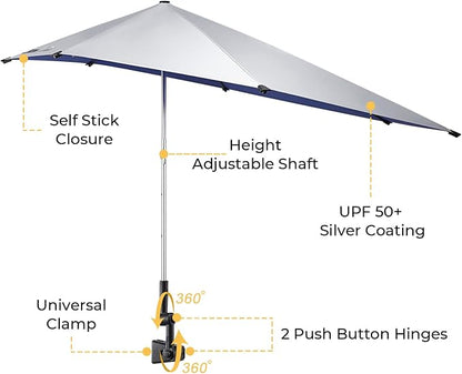 G4Free UPF 50+ Height Adjustable Beach Chair Umbrella with Universal Clamp | UV protection Chair Umbrella for Beach Chair, Golf Cart, Wheelchair, Stroller, Bleacher, Outdoor Patio, silver coating fabric