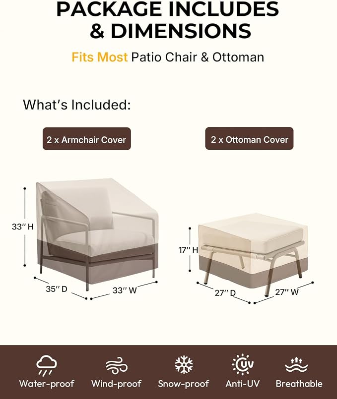loriano 4-Pack Outdoor Furniture Covers, 2 x Patio Chair Covers + 2 x Ottoman Covers, Waterproof Heavy Duty 600D Oxford Fabric, All Weather UV/Wind Resistant, Beige & Brown