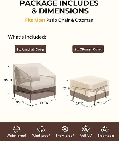 loriano 4-Pack Outdoor Furniture Covers, 2 x Patio Chair Covers + 2 x Ottoman Covers, Waterproof Heavy Duty 600D Oxford Fabric, All Weather UV/Wind Resistant, Beige & Brown
