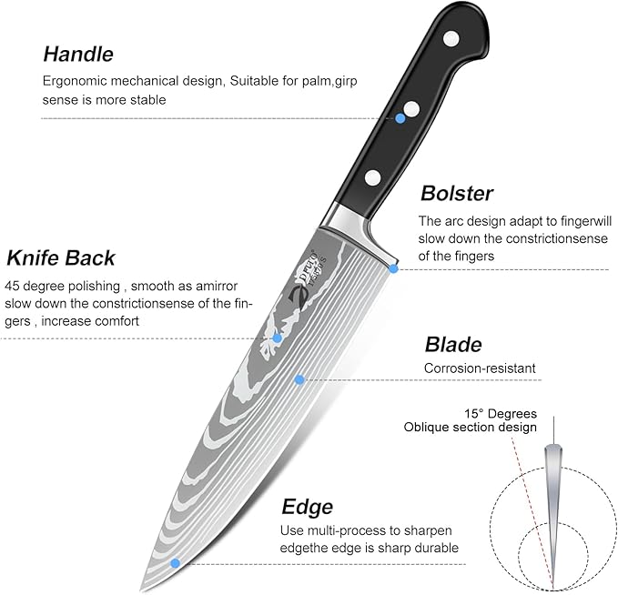Dfito Chef Knife Set with Roll Bag, 9PCS Professional Knife Set with Sharpener, High Carbon Stainless Steel Kitchen Knife Set with Anti-Slip Ergonomic Handle for Camping, Travel, BBQ, RV or Gift Black