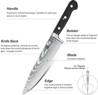 Dfito Chef Knife Set with Roll Bag, 9PCS Professional Knife Set with Sharpener, High Carbon Stainless Steel Kitchen Knife Set with Anti-Slip Ergonomic Handle for Camping, Travel, BBQ, RV or Gift Black