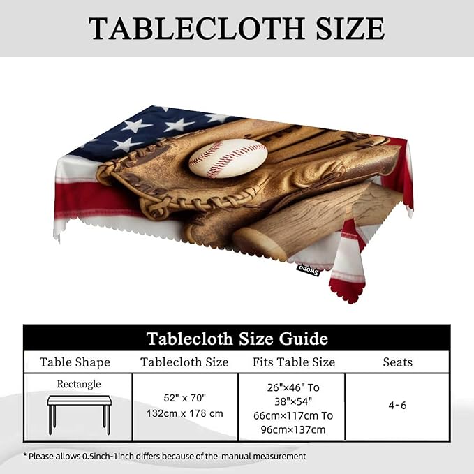 Swono Decorative Rectangle Table Cloth American Flag, Vintage Baseball Bat Glove On USA Flag Polyester Tablecloth Kitchen Table Cover for Dining BBQ Picnic Coffee Table 50x72, 4-6 Seats