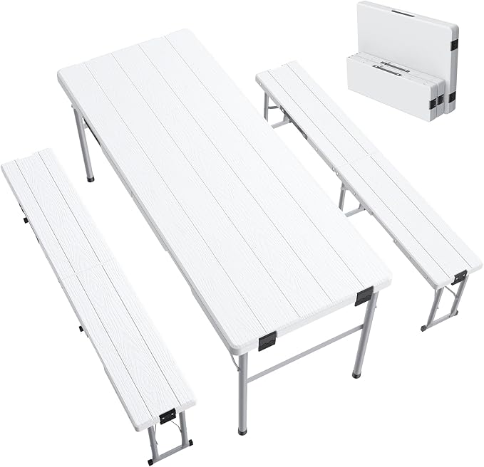 6' Picnic Table Set w/2 Benches 3-Piece 1-Case Camping Table Chair Set | HDPE Tree Pattern Top for Indoor or Outdoor Use Working Meeting Party, Camping, Picnic, Weddings With Handle Safety Locks