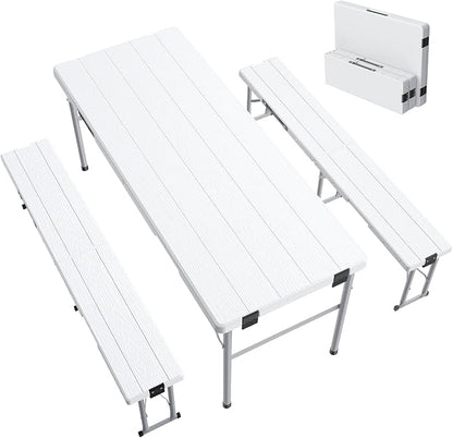 6' Picnic Table Set w/2 Benches 3-Piece 1-Case Camping Table Chair Set | HDPE Tree Pattern Top for Indoor or Outdoor Use Working Meeting Party, Camping, Picnic, Weddings With Handle Safety Locks