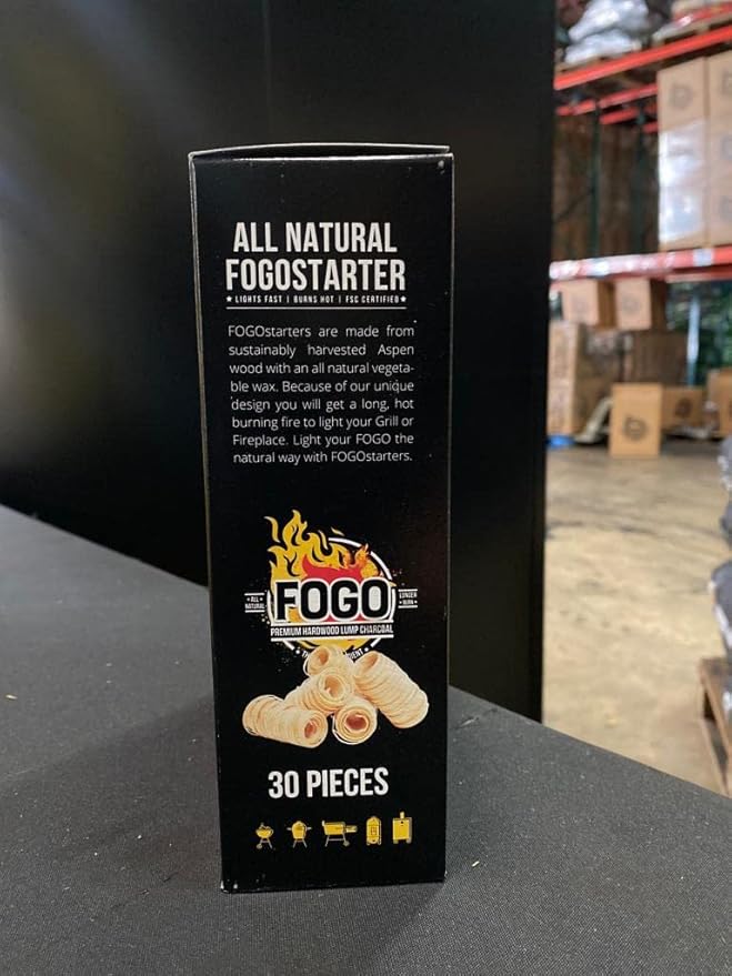 FOGO Premium Hardwood Lump Charcoal, Natural Large Sized Lump Charcoal, 17.6 Pound Bag and FOGO Fogostarters Natural Fire Starters, 30 Count Box, Bundle