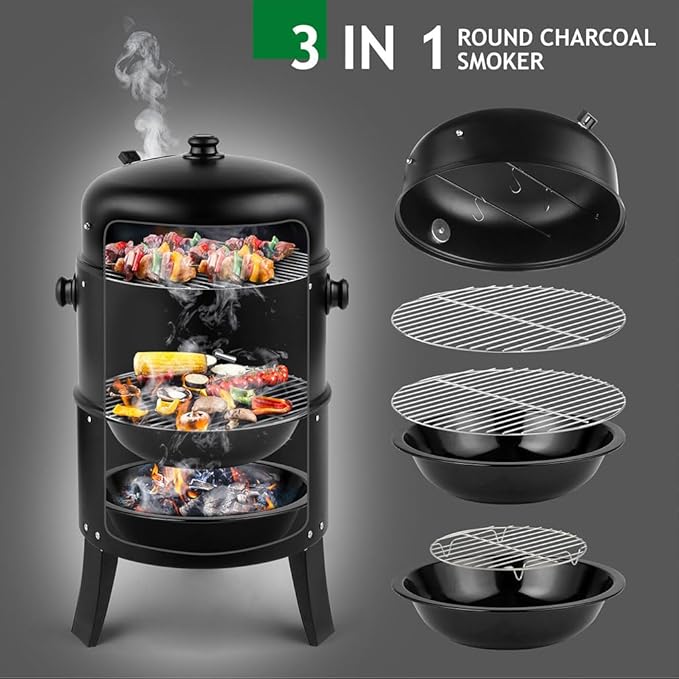 Portable Charcoal BBQ Grill 19" Vertical Charcoal Smoker Grill Outdoor Small Charcoal Grills with Meat Smoker Combo for Outdoor Backyard Cooking Grilling Camping