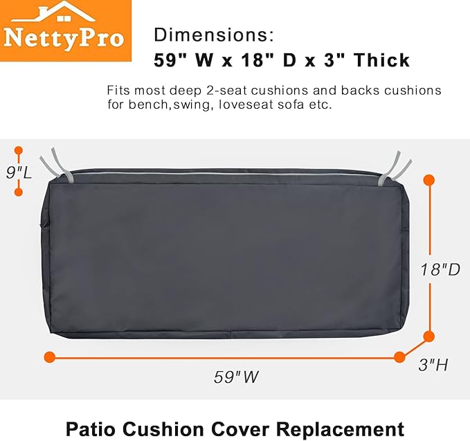 NettyPro Outdoor Patio Bench Swing Loveseat Cushion Cover, Water Resistant UV Protection Outside Furniture Cushion Slipcovers with Zipper, 59 x 18 x 3 Inch