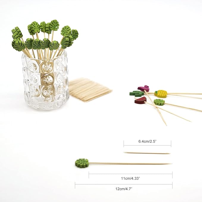 Minisland Green Monstera Leaf Cocktail Picks, 5 Inch Long Bamboo Fancy Toothpicks for Appetizers, Decorative Summer Tropical Hawaiian Party Food Drinks Garnish Fruit Skewer Sticks 100 Counts -MSL174