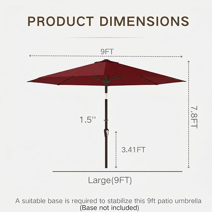 Kingdura 9FT Outdoor Patio Umbrella, Round Market Table Umbrella with Push‑Button Tilt and Crank Lift, 8 Sturdy Metal Ribs, UV50+ Protection Canopy for Backyard, Lawn, Deck, Poolside, Garden (Dark red)