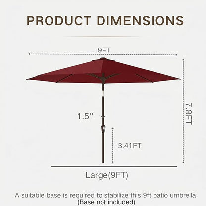 Kingdura 9FT Outdoor Patio Umbrella, Round Market Table Umbrella with Push‑Button Tilt and Crank Lift, 8 Sturdy Metal Ribs, UV50+ Protection Canopy for Backyard, Lawn, Deck, Poolside, Garden (Dark red)