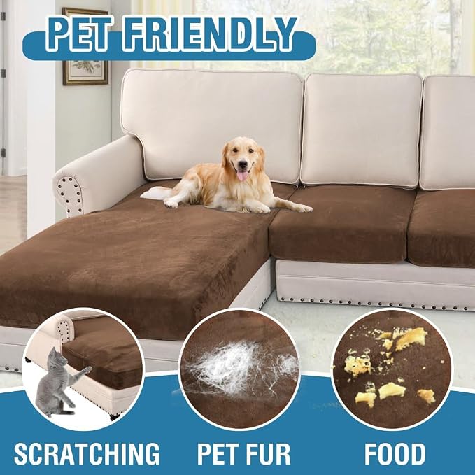 H.VERSAILTEX Velvet Stretch Sectional Couch Covers 4 Pieces Sofa Seat Cushion Covers L Shape Separate Cushion Couch Chaise Cover for Both Left/Right Couch(Large Sofa 3 Seater + 1 Chaise, Caramel Cafe)