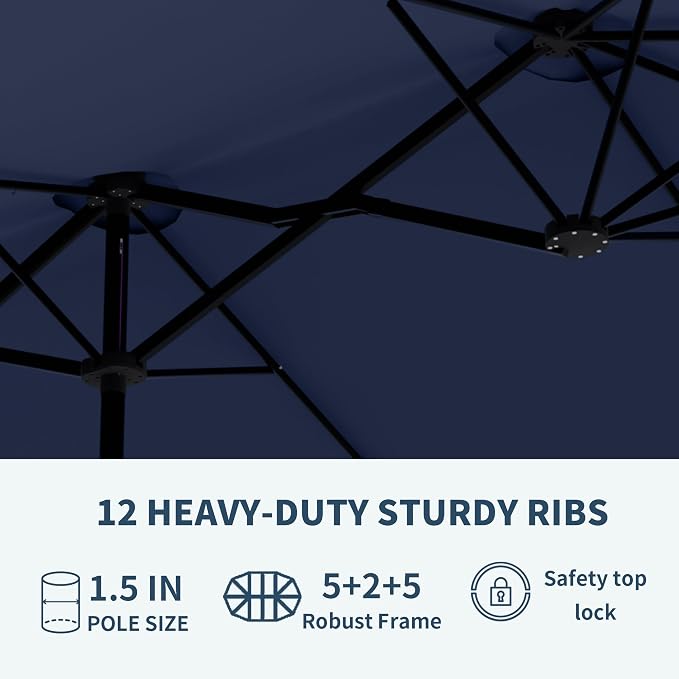 PatioKingdom 15FT Large Patio Umbrella with Base, Double Sided Rectangular Outdoor Umbrella with Sturdy Fiberglass Ribs, Market Umbrella for Pool,Garden,Backyard,Deck (Navy, 15FT)