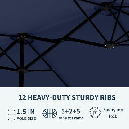 PatioKingdom 15FT Large Patio Umbrella with Base, Double Sided Rectangular Outdoor Umbrella with Sturdy Fiberglass Ribs, Market Umbrella for Pool,Garden,Backyard,Deck (Navy, 15FT)
